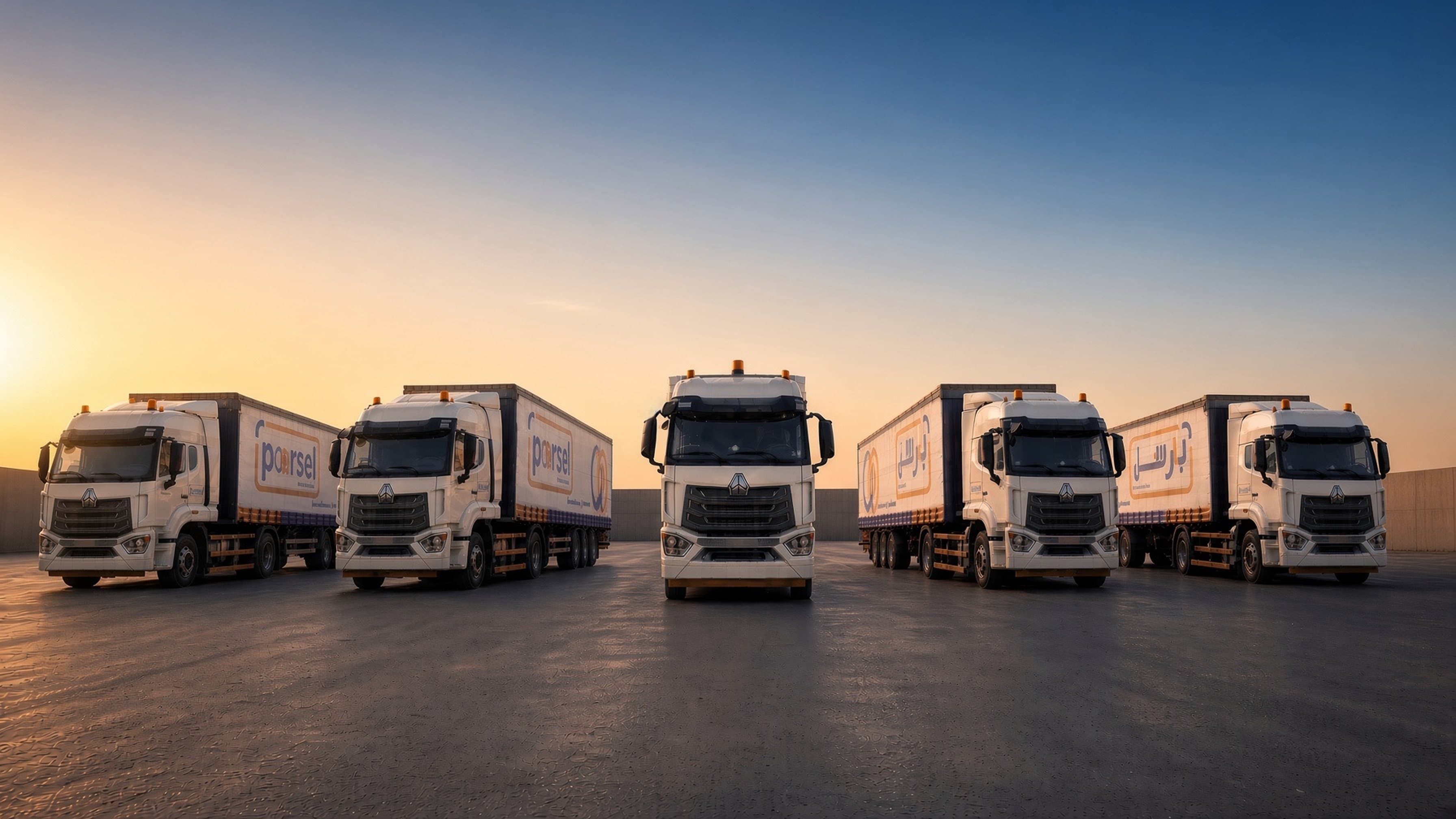 Six Paarsel trucks and curtain-side trailers lined up in the yard at sunset